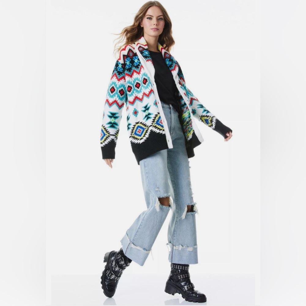 Alice + Olivia Jenn Fair Isle Cardigan Sweater Multi Size XS